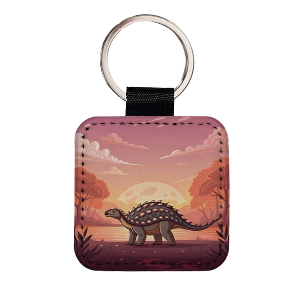 Ankylosaurus Sunset Dinosaur Faux Leather Square Keychain