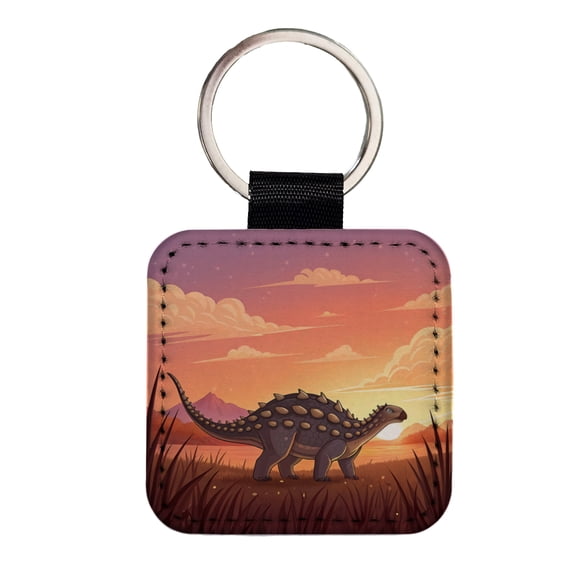 Ankylosaurus Sunset Sunrise Dinosaur Faux Leather Square Keychain