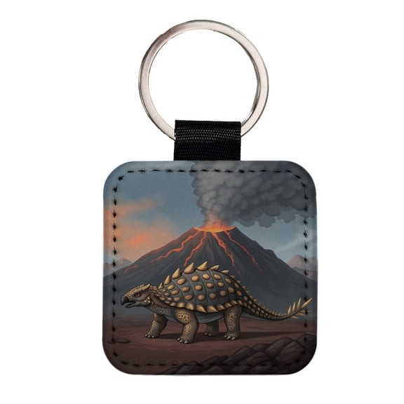 Ankylosaurus Volcano Erupting Dinosaur Faux Leather Square Keychain