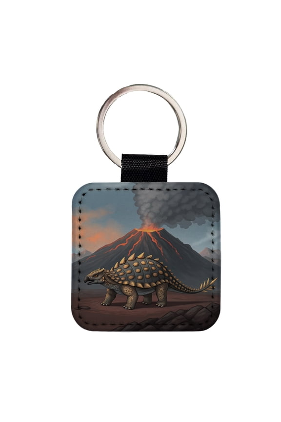Ankylosaurus Volcano Erupting Dinosaur Faux Leather Square Keychain