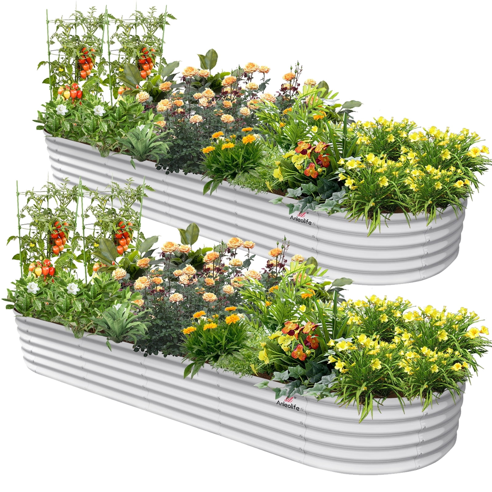 Anleolife 2 PACK 12x3x1.5 ft Galvanized Raised Garden Beds Outdoor, Oval Extra Large Metal Planter Box for Planting Vegetables Flowers Herb, Anti-Rust, Antique White