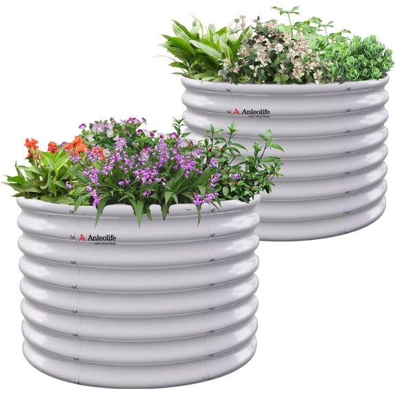 Anleolife 24" Tall Round Galvanized Steel Raised Garden Beds, 2-Pack, White