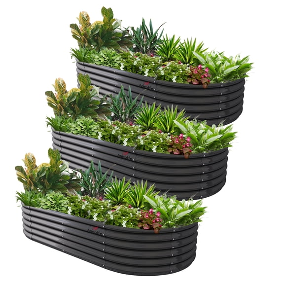 Anleolife 3 PACK 8x4x1.5 ft Galvanized Raised Garden Beds Outdoor, Oval Large Metal Planter Box for Planting Vegetables Flowers Herb, Anti-Rust, Quartz Grey