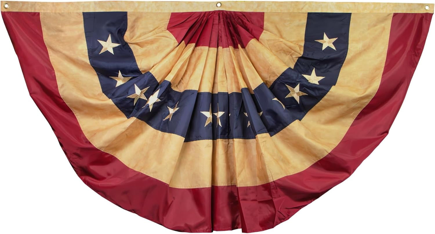 Vintage Style Tea Stained USA Pleated Fan Flag with Brass Grommets