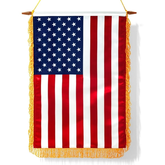 Anley 18x12 in American Wall Banner Flag - US National Hanging Flags (Beautiful Fringy, Satin Finish & Wooden Hanging Pole)