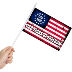 Anley 250th Anniversary American Mini Flag 12 Pack - Hand Held Small Miniature Solid 250 Years of Freedom 1776-2026 Flags on Stick - Fade Resistant Vivid Colors - 5x8 Inch with Solid Pole & Spear Top