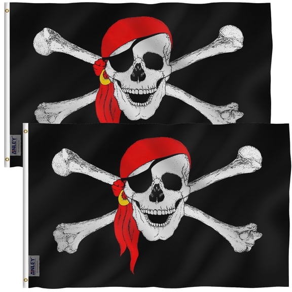 Anley 3x5 Foot Jolly Roger Flag with Red Bandana - Pirate Flags Polyester (2 Pack)