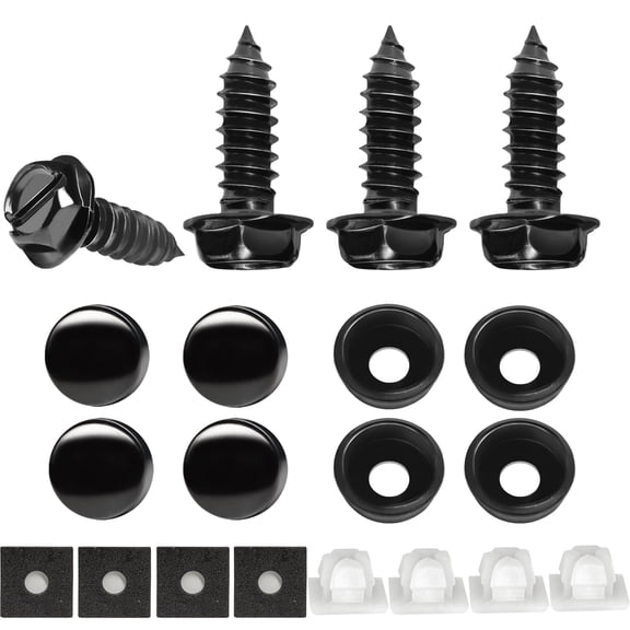 Anley 4 Pack License Plate Screws Kit with Rustproof Finish & Noise-Free Design - Stainless Steel Car Tag Frame Mounting Bolts with Foam Pads & Screw Covers - 1/4 Inch Universal Fit
