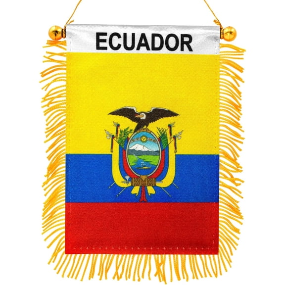 Anley 4 X 6 Inch Ecuador Fringy Window Hanging Flag - Mini Flag Banner & Car Rearview Mirror Décor - Fringed & Double Sided - Ecuadorian Hanging Flag with Suction Cup