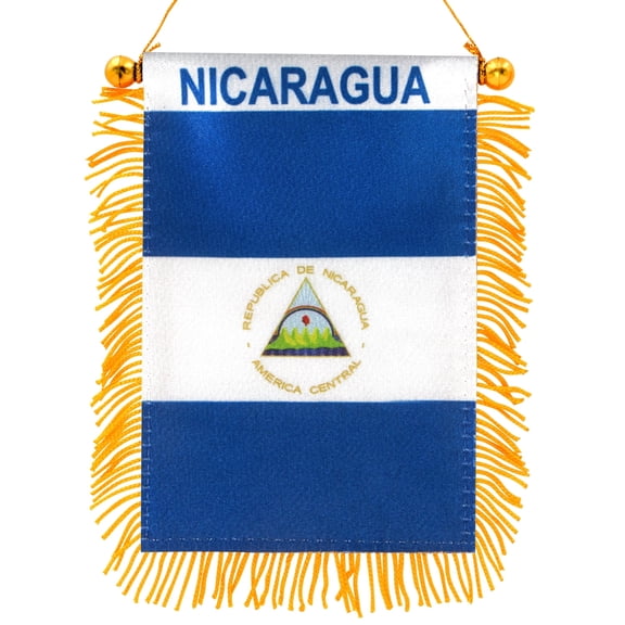 Anley 4 X 6 Inch Nicaragua Fringy Window Hanging Flag - Mini Flag Banner & Car Rearview Mirror Décor - Fringed Nicaraguan Hanging Flag with Suction Cup