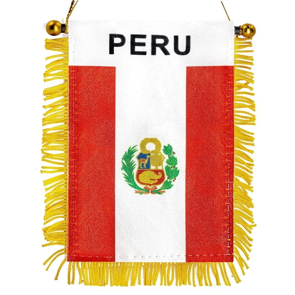 Anley 4 X 6 Inch Peru Fringy Window Hanging Flag - Mini Flag Banner & Car Rearview Mirror Décor - Fringed & Double Sided - Peruvian Hanging Flag with Suction Cup