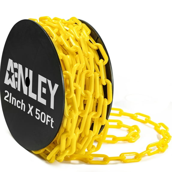 Anley 50 FT Plastic Chain Links - Safety Barrier Chains for Crowd Control, Caution, Security, Construction Site (2 Inch x 50 Feet, Yellow)