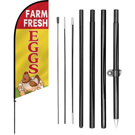 Anley 7.5 FT Farm Fresh Eggs Feather Flag Banner Kit - Outdoor Swooper Advertising Flags with Pole and Stake - Fresh Eggs Sign for Farm Stand, Roadside Egg Sales