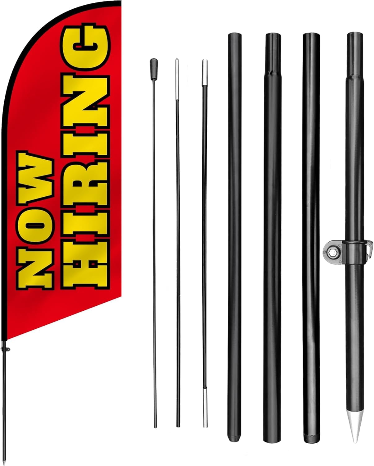 Anley 7.5 FT Now Hiring Feather Flag Banner Kit - Outdoor Swooper Advertising Flags with Pole and Stake - Job Recruitment Sign for Business, Offices, Retail Locations - Weather Resistant & Easy Setup