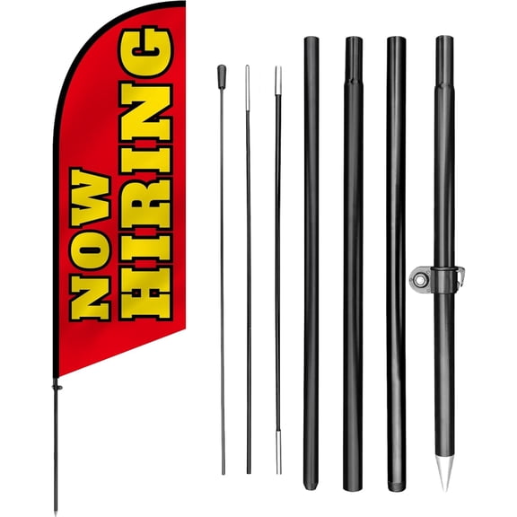 Anley 7.5 FT Now Hiring Feather Flag Banner Kit - Outdoor Swooper Advertising Flags with Pole and Stake - Job Recruitment Sign for Business, Offices, Retail Locations - Weather Resistant & Easy Setup