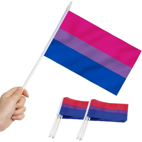 Anley Bisexual Pride Mini Flag 12 Pack - Hand Held Small Miniature Bi Pride Rainbow Flags on Stick - 5x8 Inch with Solid Pole & Spear Top