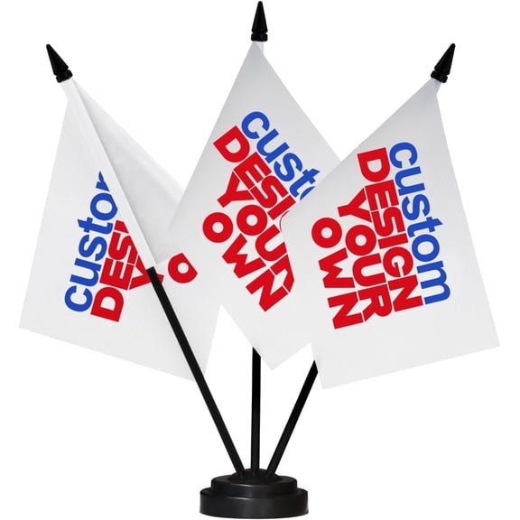 Anley Custom Desk Top Triple Flag Set - Personalized Desktop Flag with 12" Solid Pole and Black Base - Vivid Color and Fade Resistant - Customized Mini Banner Table Flags - 5 x 8 IN Double Sided