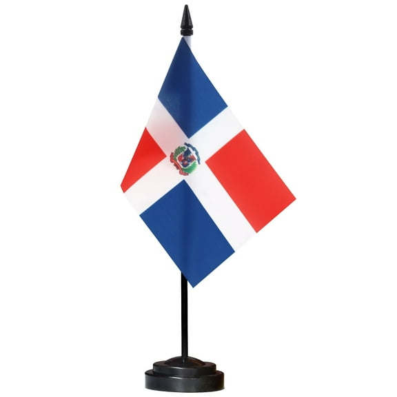 Anley Dominican Deluxe Desk Flag Set - 6 in x 4 in Miniature Dominican Desktop Flag Polyester