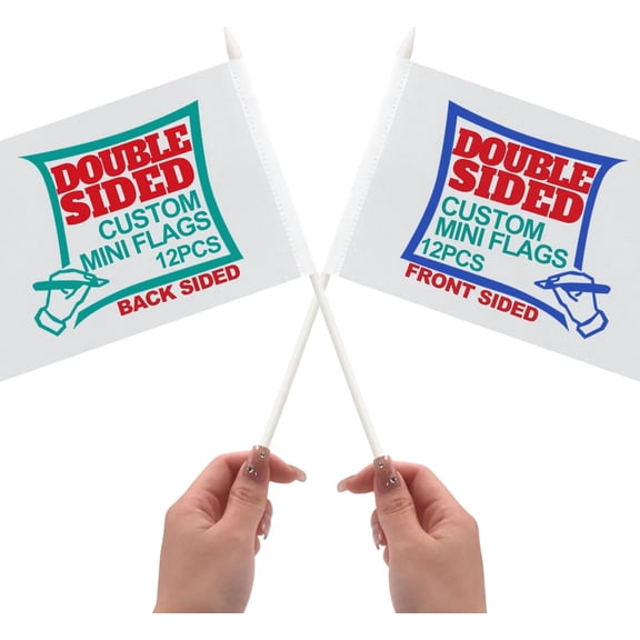 Anley Double Sided Custom Mini Stick Flag 4X6 IN - Printing Your Own Logo/Design/Words - Customized Handheld Miniature Flags Banners with Rip-Proof Technology & Plastic Pole (1 Dozen)