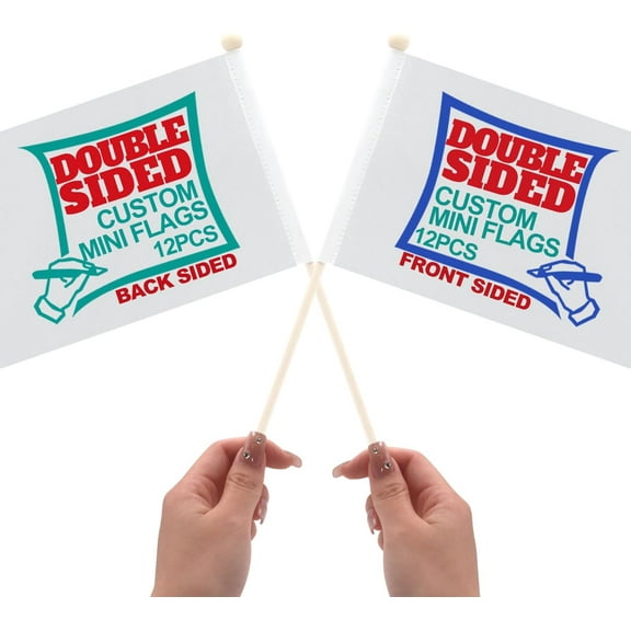 Anley Double Sided Custom Mini Stick Flag 5X8 IN - Fade Proof Printing Your Own Logo/Design/Words - Customized Handheld Miniature Flags Banners with Rip-Proof Technology & Wooden Pole (1 Dozen)