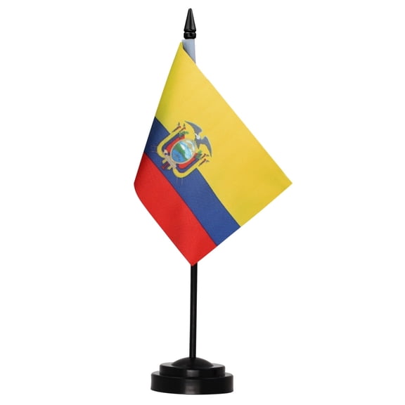 Anley Ecuador Deluxe Desk Flag Set - 6 x 4 Inch Miniature Ecuadorian EC Desktop Flag