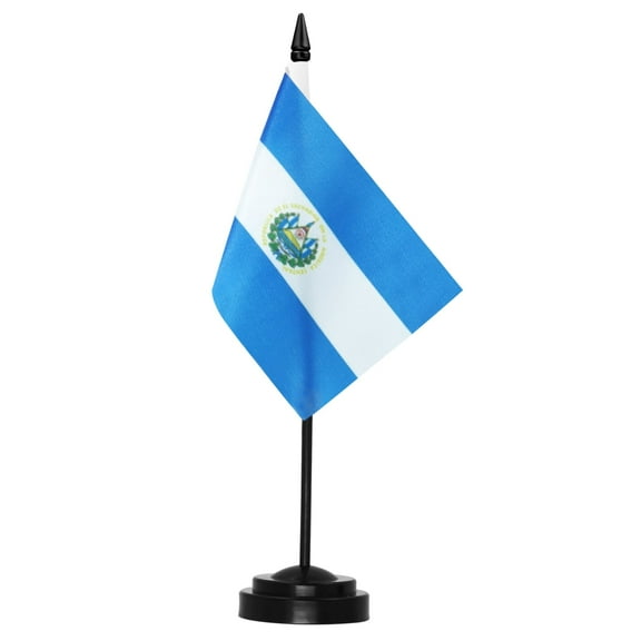 Anley El Salvador Deluxe Desk Flag Set - 6 x 4 Inch Miniature Salvadoran SV Desktop Flag