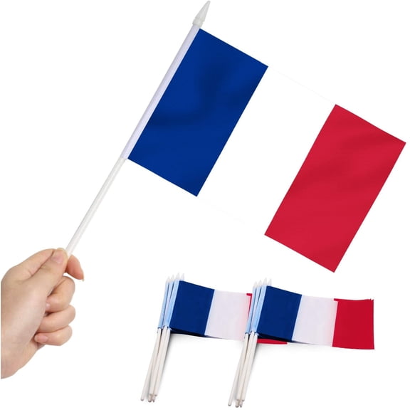 Anley France Mini Flag 12 Pack - Hand Held Small Miniature French Flags - 5.5x8 Inch with Solid Pole & Spear Top