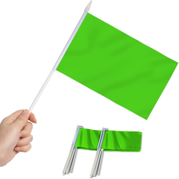 Anley Green Mini Flag 12 Pack - Hand Held Small Miniature Solid Green Blank Flags on Stick - Fade Resistant & Vivid Colors - 5.5x8 Inch with Solid Pole & Spear Top