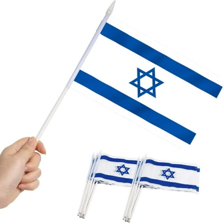 Anley Israel Mini Flag 12 Pack - Hand Held Small Miniature Flags on Stick - 5.5x8 Inch with Solid Pole & Spear Top