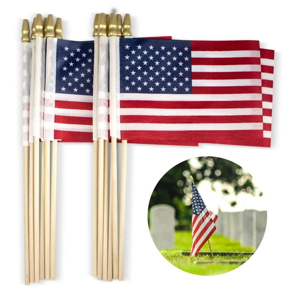 Anley LOT OF 12 - USA 4x6 in Wooden Stick Flag - July 4th Decoration, Veteran Party, Grave Marker, etc. - HandHeld American Flag with Kid Safe Golden Spear Top