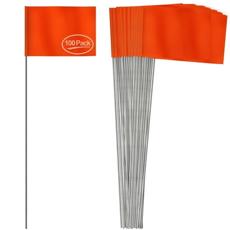 Anley Orange Marking Flags 100 Pcs - 4" X 5" Vinyl Irrigation Sprinkler Flag with 15 Inch Steel Wire Stake - Small Marker Flags for Lawn, Yard, Industrial, Landscaping, Construction and Survey