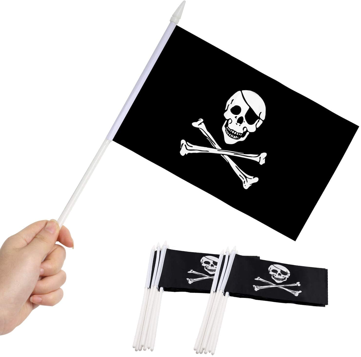 Pirate Skull and Crossbones Mini Flags with Plastic Poles, 12-Pack