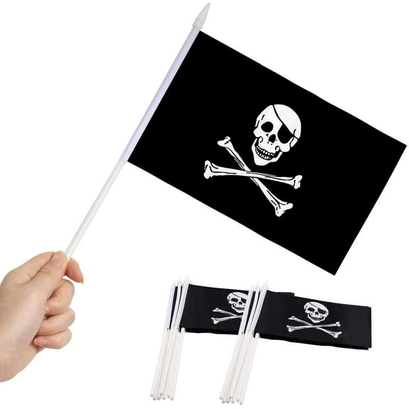 Anley Pirate Mini Flag 12 Pack - Hand Held Small Miniature Jolly Roger Flags on Stick - 5x8 Inch with Solid Pole & Spear Top