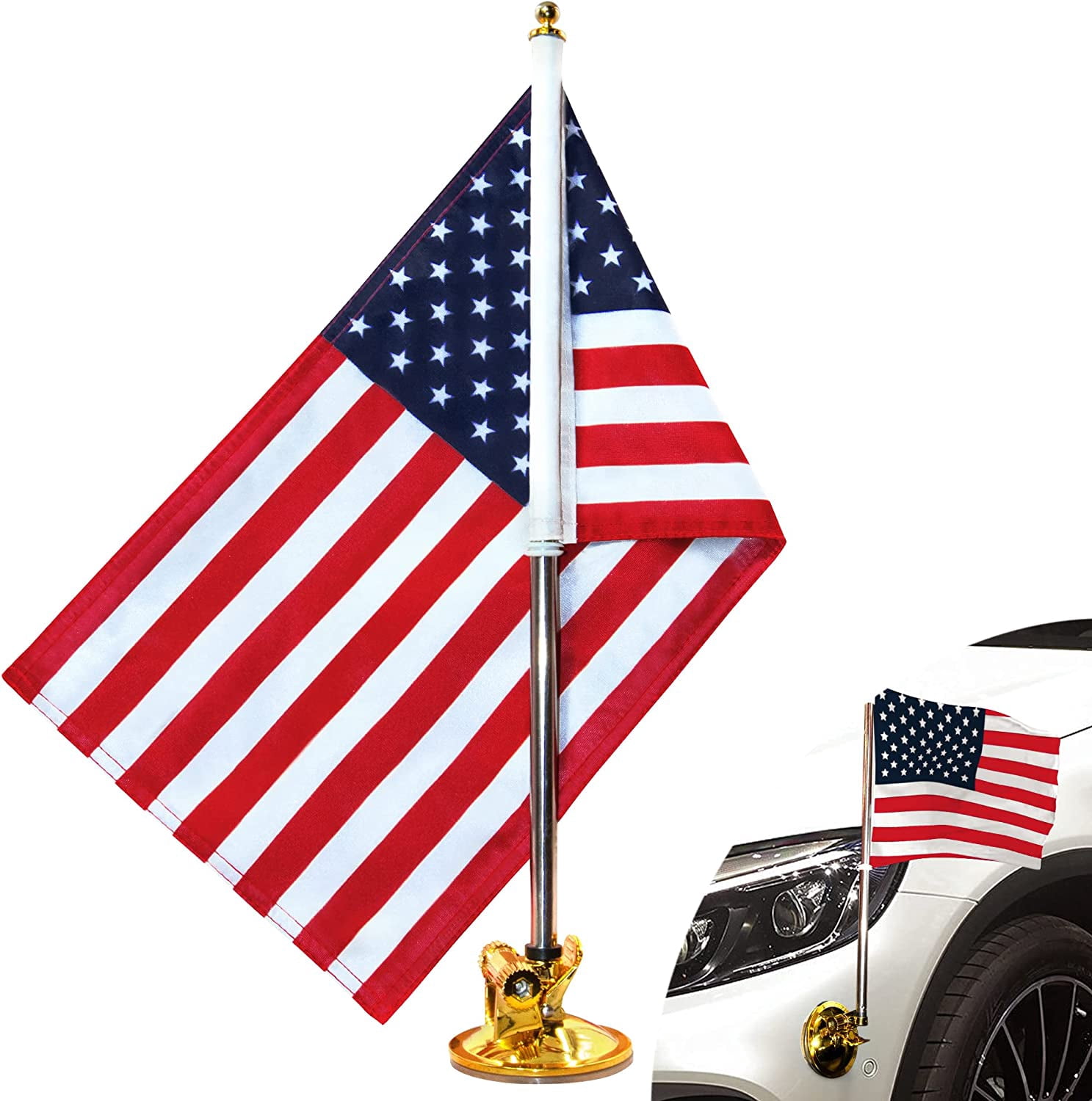 Anley USA Car Flag & Flagpole with Air Suction Mount - American Flag (Set of 1)