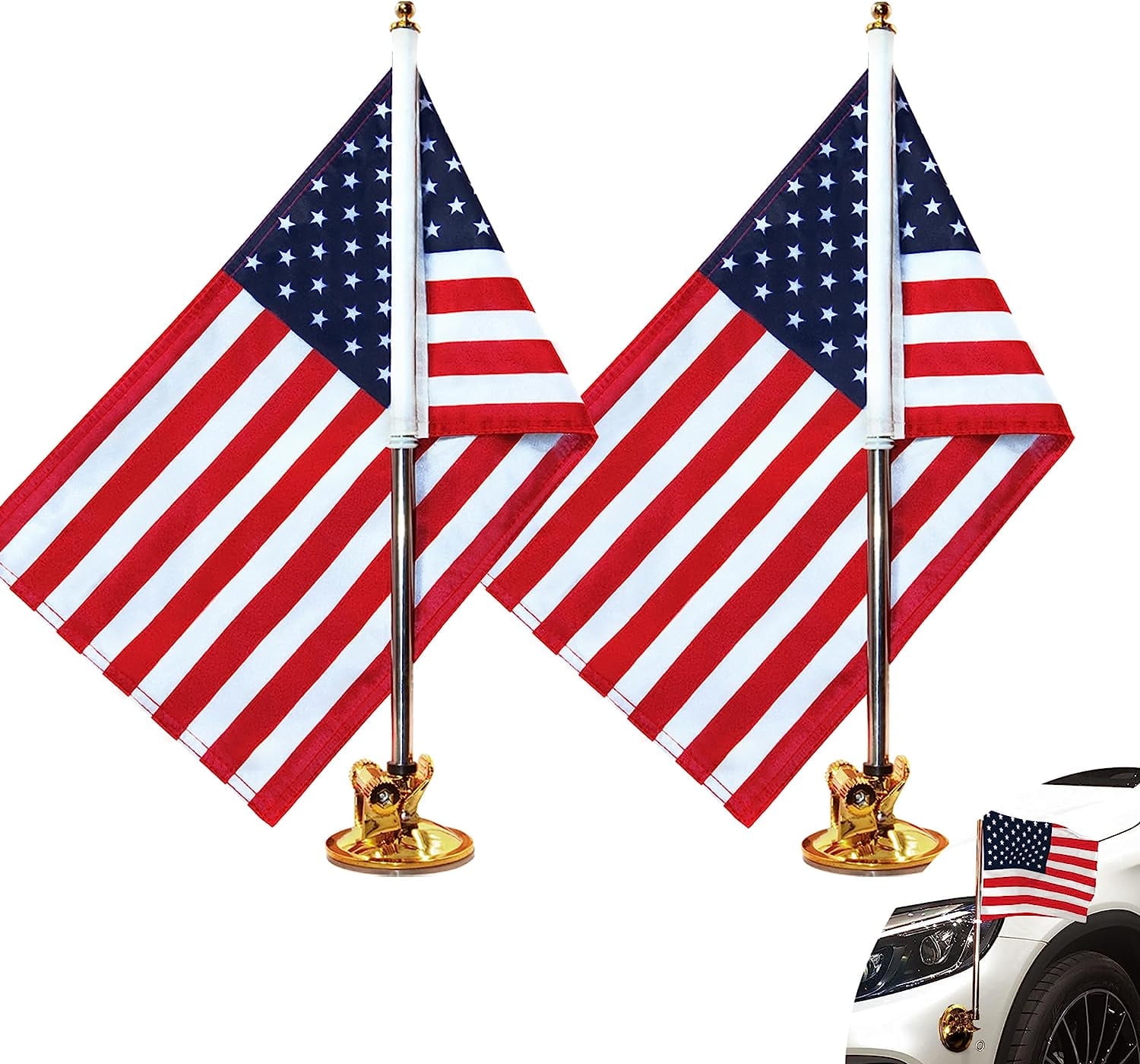 Anley USA Car Flag & Flagpole with Air Suction Mount - Outdoor Suction Cup Style Flag Pole with American Flag (Set of 2)