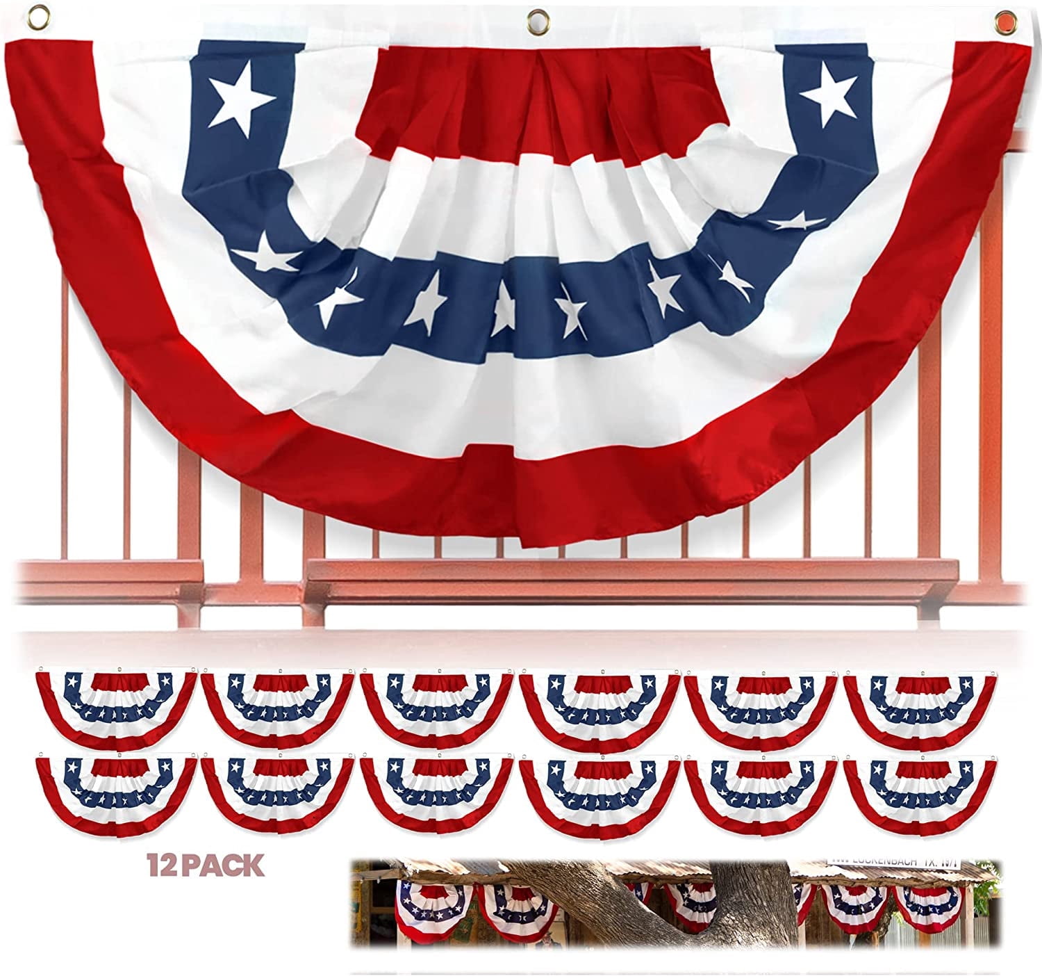 Anley USA Pleated Fan Flag, 1.5x3 ft American US Bunting Flag Patriotic Stars & Stripes - Sharp Color and Fade Resistant - United States 1.5 x 3 Ft Half Fan Banner (12 Pack)