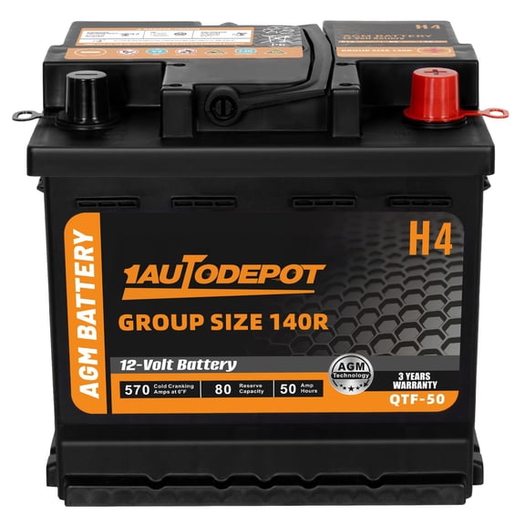 1AUTODEPOT BCI Group 140R Battery, AGM 12 Volt Rechargeable Automotive Batteries for Car, H4 570CCA 50Ah 80RC, Maintenance Free