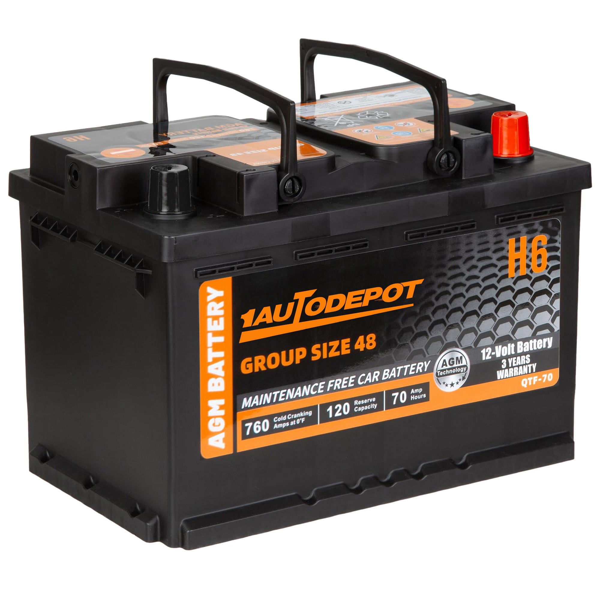 1AUTODEPOT BCI Group 48 Battery, AGM 12 Volt Rechargeable Automotive Batteries for Car, H6 760CCA 70Ah 120RC, Maintenance Free