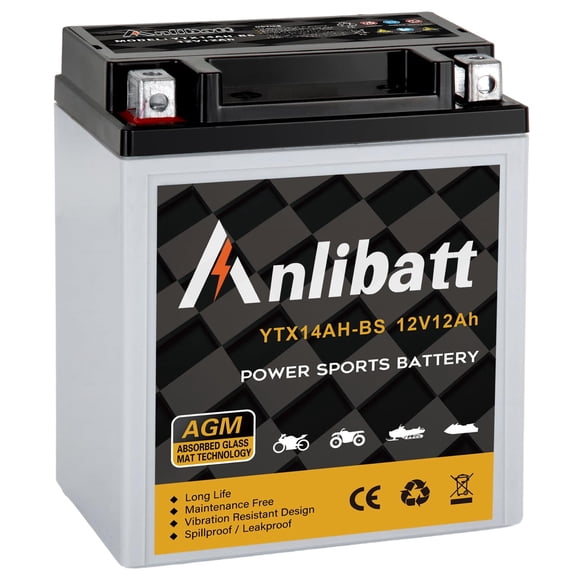 Anlibatt Motorcycle Battery YTX14AH-BS AGM Powersports 220CCA 12V 12Ah Battery Automotive Replacement Rechargeable Maintenance Free for ATV UTV Scooter