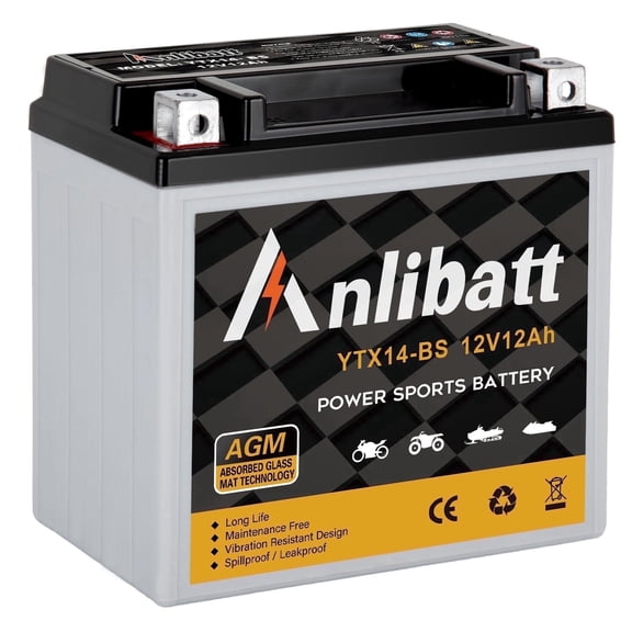 Anlibatt YTX14-BS Motorcycle Battery 12V 12Ah 200CCA Rechargeable Sealed AGM Battery Maintenance Free Automotive Replacement Battery for ATV and Scooter