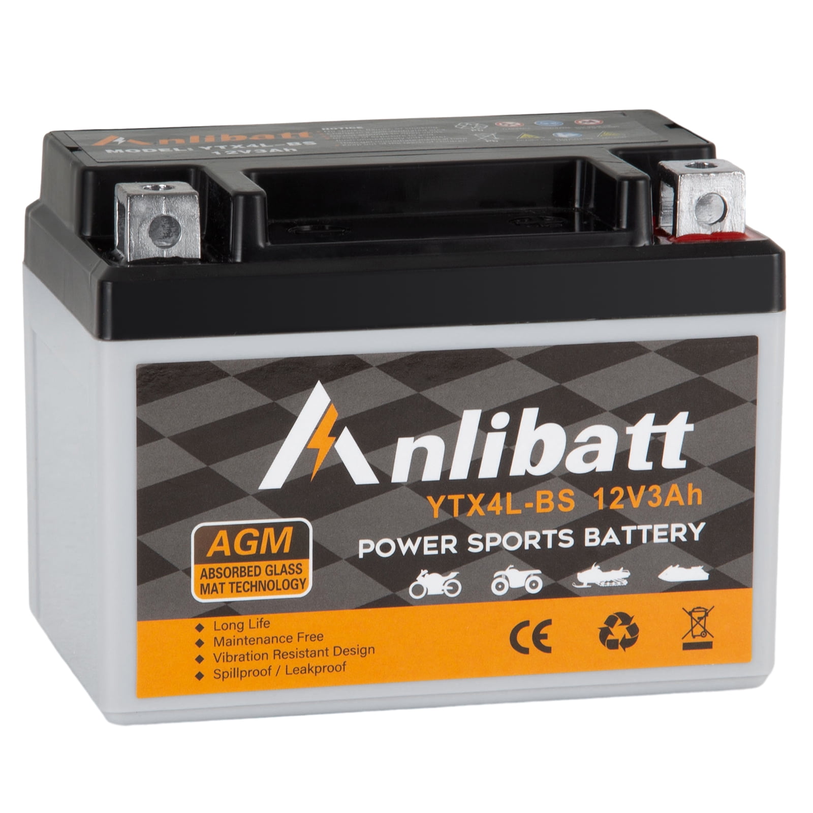 Anlibatt YTX4L-BS 12V 3Ah Motorcycle Battery, Rechargeable Sealed AGM ...