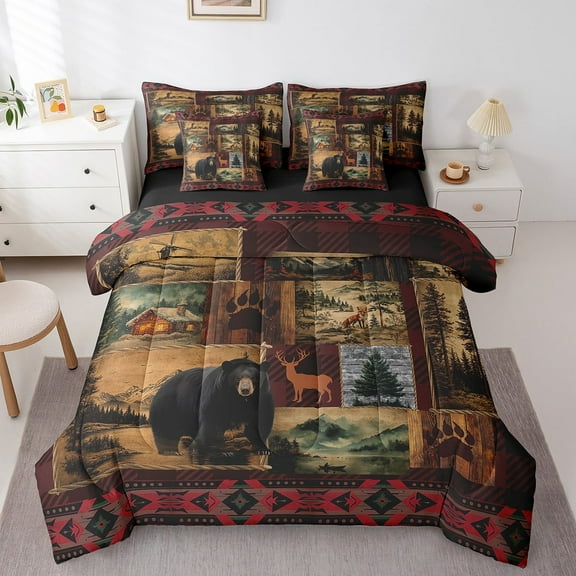 Anlters Moose Bear Hunting Full Comforter Set 7 Piece,Boho Rustic Cabin Lodge Bed in a Bag with Sheet Set,Retro Patchwork Buffalo Plaid Bed Sheets,Woodland Fox Animal Bedding Set
