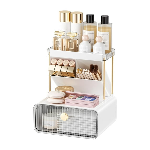 Anlynwooh Makeup Organizer with Drawer, Bathroom Organizers and Storage,Makeup Brush Holder,Lipstick and Perfume Organizer,Cosmetic and Vanity Organizer,Desk Organizer (TRANSPARENT COLOR) C104