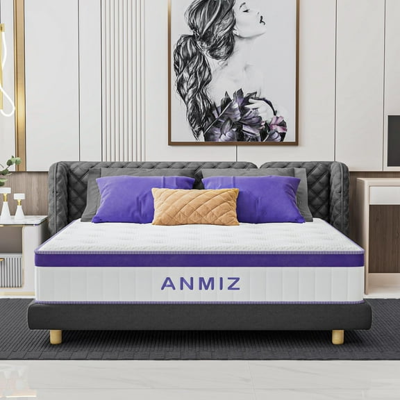 Anmiz 10 inch King Size Mattress, CertiPUR-US Certified Memory Foam Hybrid Mattress in a Box, Breathable Soft Knitted Fabric Cover, 5-Zone Coils Support, Medium Firm Feel, Pressure Relief