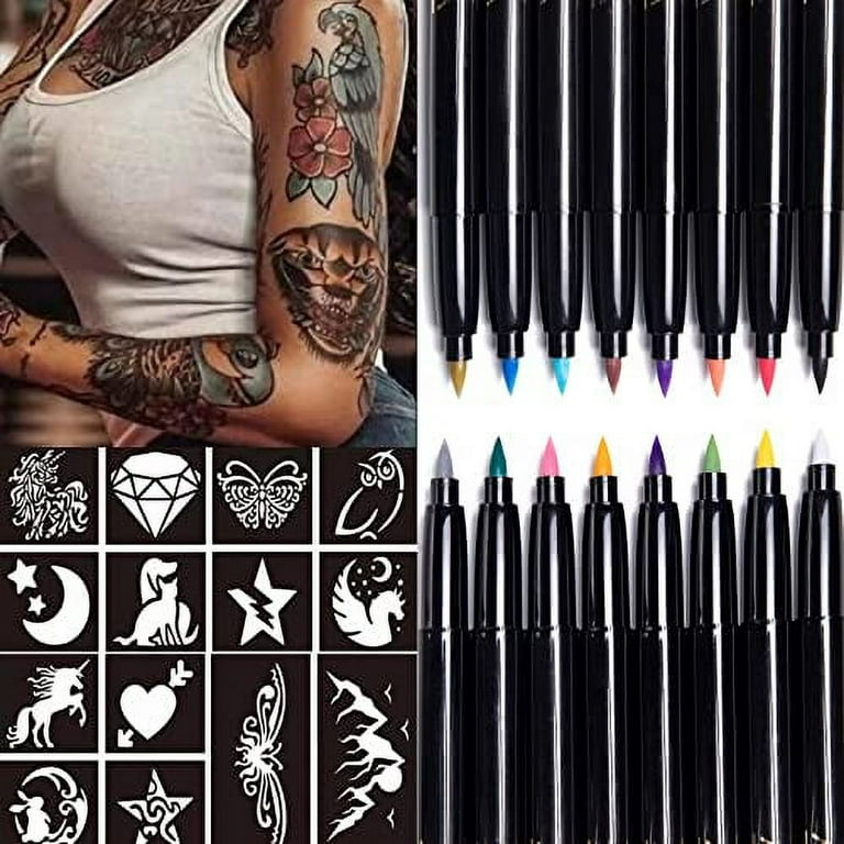 Anmmy Temporary Tattoo Markers for Skin, 16-Count Body Markers+77 Large  Tattoo Stencils of Assorted Colors for kids and Adults, Flexible Brush Tip,  Bright colors, Skin-Safe*, Cosmetic-Grade. 