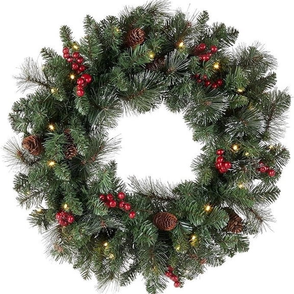 Anmrize 12" Pre-Lit Pine Red Berry Wreath, Warm Led Lit Xmas Door Decor, Pre-Lit Full Pine Red Berry Pinecone Christmas Wreath With Warm Led Lights, Farmhouse Front Door Holiday Decor, Green