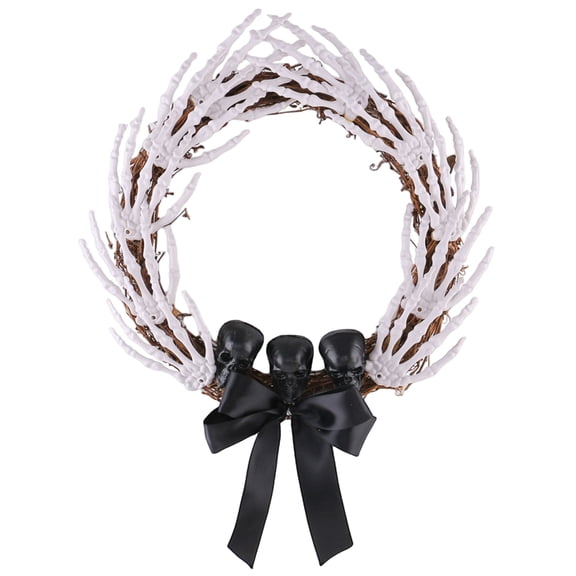 Anmrize 15" Skeleton Bone Wreath, Gothic Halloween Door Decor, Black Bow Spooky Wall Ornament, White Skeleton Bone Wreath With Black Satin Bow, Gothic Halloween Front Door Wall Decor, White