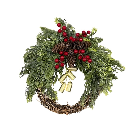 Anmrize 16" Half Circle Pine Wreath, Artificial Christmas Wreath Bells Festive Xmas Decorative Wreath for Front Door Rustic Farmhouse Decor Cheerful Holiday Atmosphere Beautifully Crafted, Red