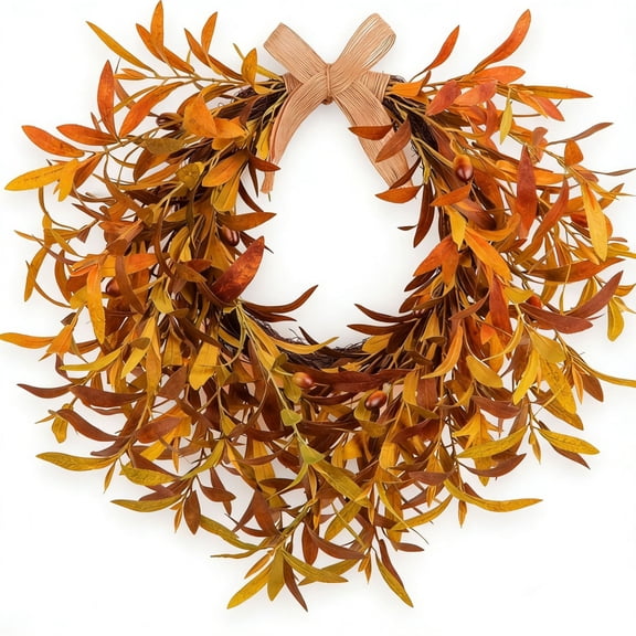 Anmrize 20" Orange Fall Leaf Wreath, Willow Foliage Decor, Burlap Bow Thanksgiving Wreath, Wreaths for Front Door, Artificial Olive Branch Fall Harvest Wall Decor With Berries, Orange