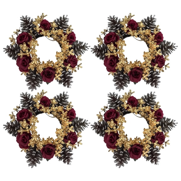 Anmrize 4Pcs 8" Burgundy Rose Gothic Wreath, Black Pine Luxury Xmas Decor, Dark Floral Seasonal Wreath, Burgundy Rose Black Pine Gothic Christmas Wreath, Dark Luxury Front Door Wall Decor, Green
